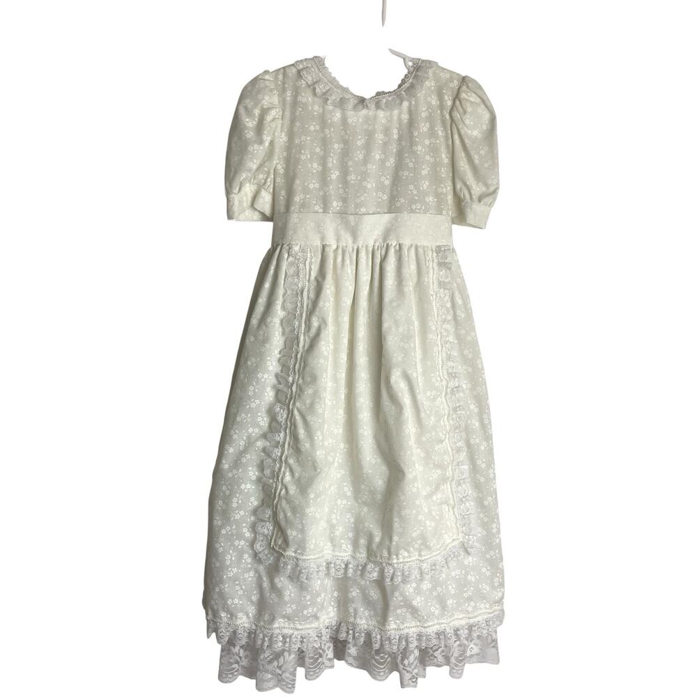 Girls Flower Girl Prairie Dress Size 8/10 White Floral Short Sleeve Pearls Lace
